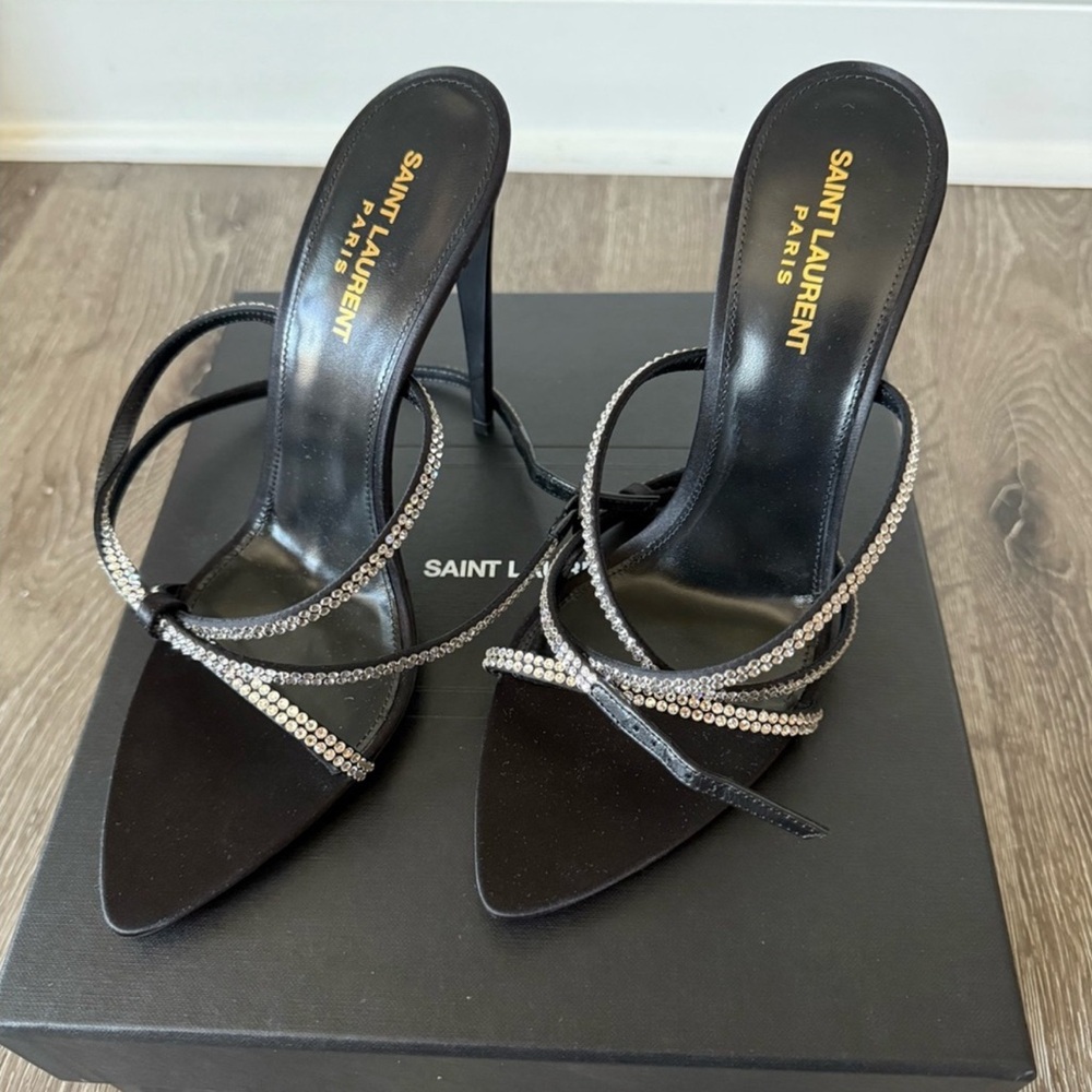 ❗️SOLD❗️Saint Laurent 110mm rhinestone-embellished straps sandals heels black - Picture 5 of 8